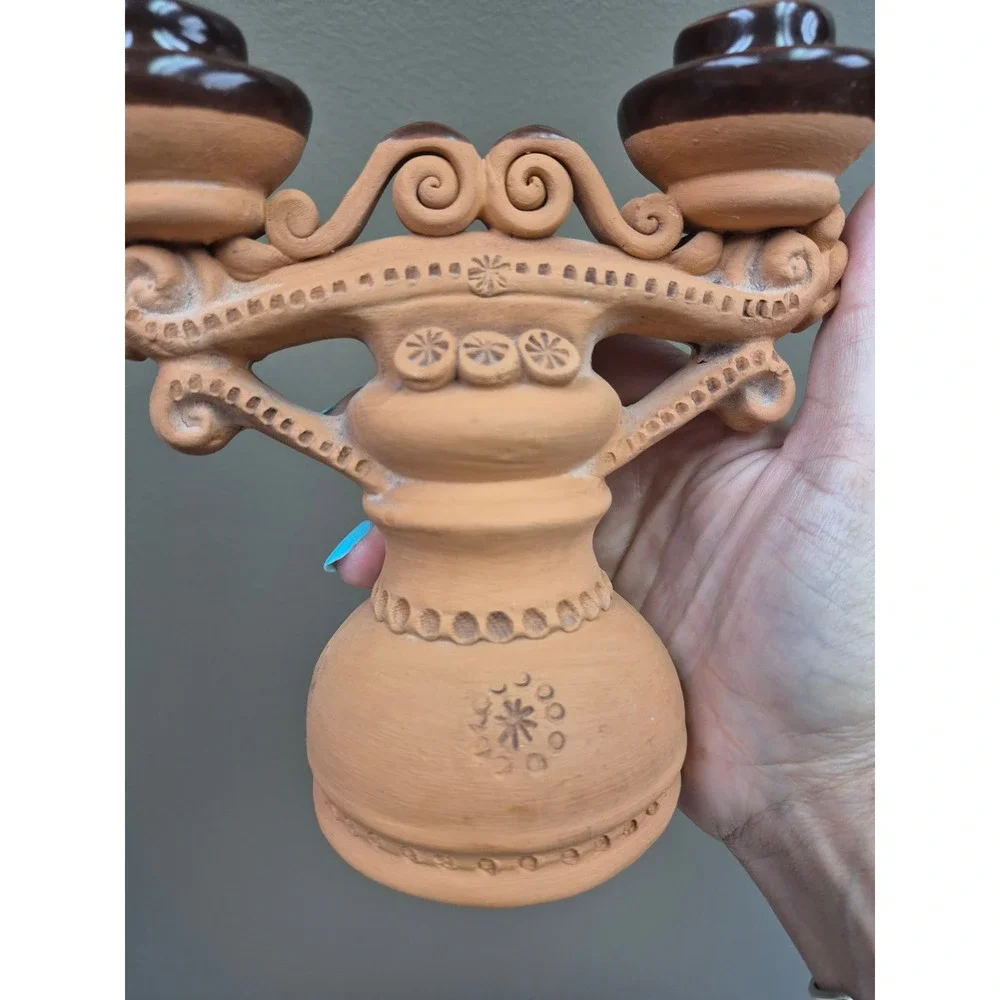 Vintage Terracotta Double Candle Holder Folk Art Glazed Clay Candelabra MCM Gift